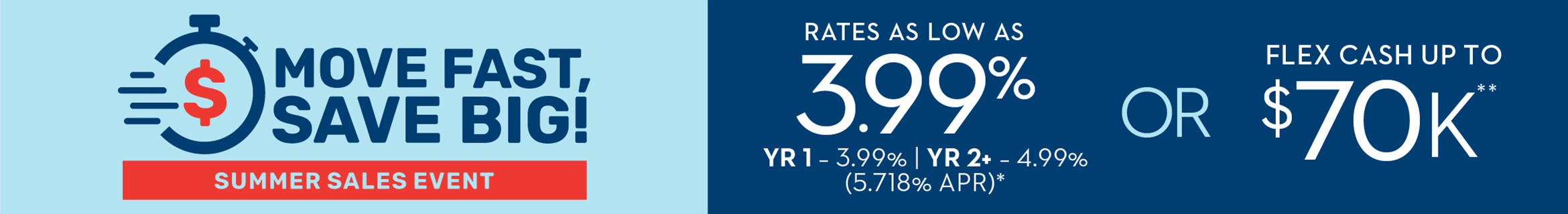 MOVE FAST, SAVE BIG! - SUMMER SALES EVENT - Rates As Low As 3.99% YR 1 - 3.99% | YR 2+ - 4.99% (5.773% APR)* OR Flex Cash Up To $70K**