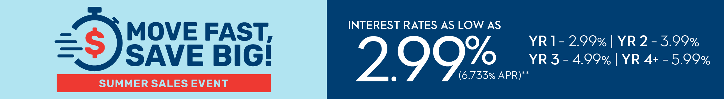 MOVE FAST, SAVE BIG! SUMMER SALES EVENT | RATES AS LOW AS 2.99% | YR 1 - 2.99% | YR 2 - 3.99% | YR 3 - 4.99% | YR 4+ - 5.99% (6.733% APR)** OR FIXED INTEREST RATE 4.99% (5.724% APR)* + CLOSING COSTS $10K FLEX CASH