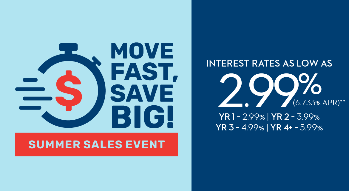 MOVE FAST, SAVE BIG! SUMMER SALES EVENT | RATES AS LOW AS 2.99% | YR 1 - 2.99% | YR 2 - 3.99% | YR 3 - 4.99% | YR 4+ - 5.99% (6.733% APR)** OR FIXED INTEREST RATE 4.99% (5.724% APR)* + CLOSING COSTS $10K FLEX CASH