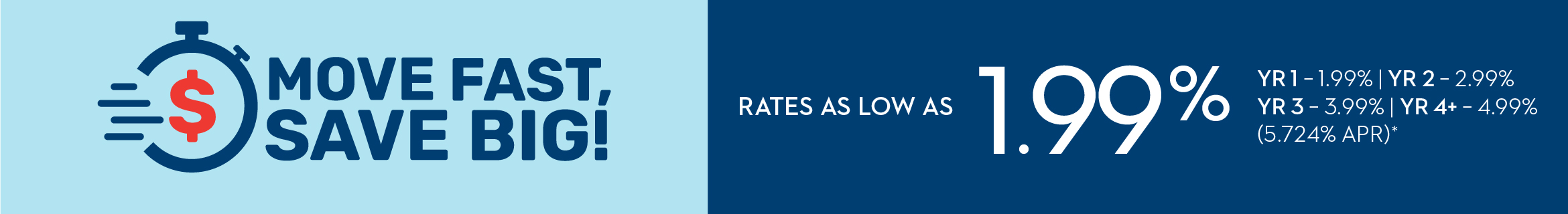 MOVE FAST, SAVE BIG! RATES AS LOW AS 1.99% YR 1 - 1.99% | YR 2 - 2.99% | YR 3 - 3.99% | YR 4+ - 4.99% (5.724% APR)*